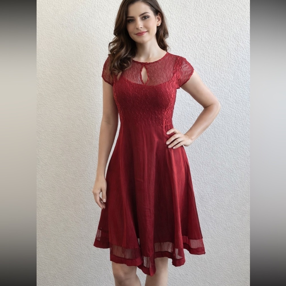 Vintage Komarov Burgundy cap sleeve, red, sheer, midi dress